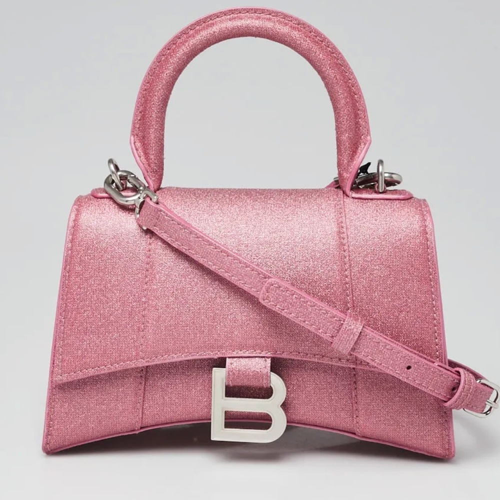 BALENCIAGA Pink Metallic Coated Canvas Hourglass XS Top Handle Bag
